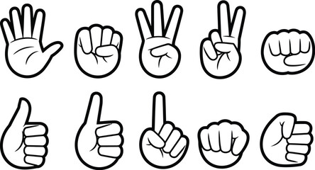 Fototapeta premium Cartoon hands vector set, playful white glove hand gestures showing pointing waving peace sign and cupped hand for animation and graphic design use.