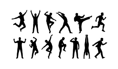 Obraz premium Dynamic Man Silhouette Set Active Male Poses Black Vector Illustration