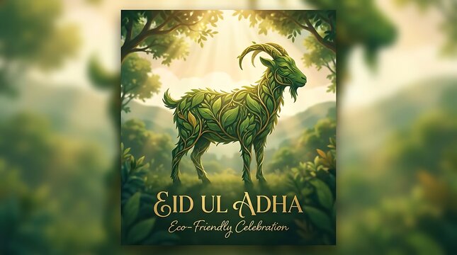 Eid Ul Adha eco-friendly celebration poster, green goat made of leaves in forest, sustainable Islamic holiday greeting with nature theme