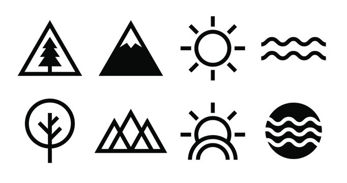 A collection of eight minimalist black and white nature-themed icons including mountains, sun, trees, and water elements.