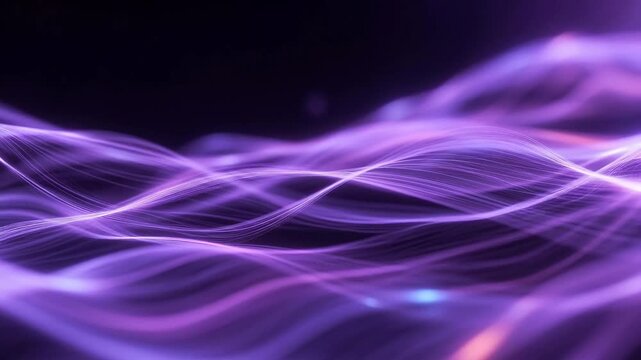 Purple luminous flowing light waves in abstract style on a dark background, conveying a concept of energy motion and fluidity