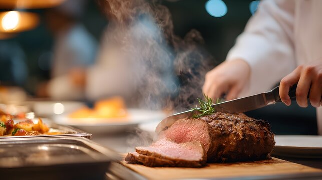 Chef prepares slices of roast meat at a buffet for guests to enjoy