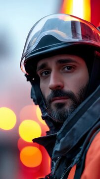 A firefighter stands ready for duty as the sun sets behind him. His serious expression reflects his commitment to protecting others in the city during urgent situations