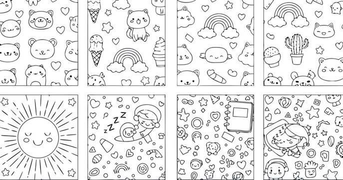 Set of black and white hand drawn doodle patterns featuring cute animals, rainbows, and celestial elements for coloring