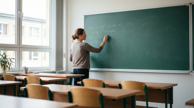 Teacher writing on a chalkboard in an empty classroom with math and physics formulas, representing stem education, academic learning and professional tutoring concept