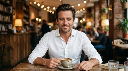 Fototapeta premium Confident man drinking coffee in stylish modern cafe setting