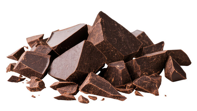 Dark chocolate chunks pile irregular shapes, rich brown color