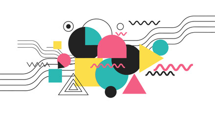 Obraz premium Colorful abstract geometric pattern with Memphis style shapes and lines