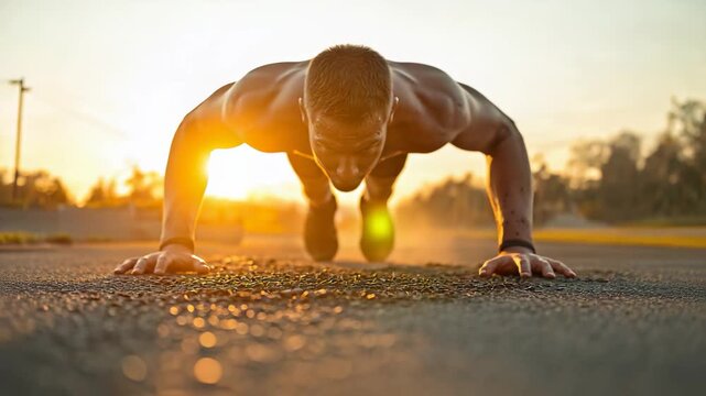 Athletic man doing push ups on outdoor road at sunrise with kettlebells for strength training, fitness motivation and healthy lifestyle