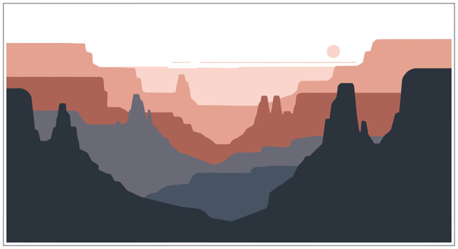 Flat design desert landscape with layered canyons and a distant sun.