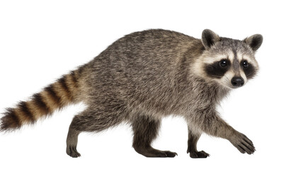 Striped Raccoon Walking on Four Legs with Black Masked Face © Maria