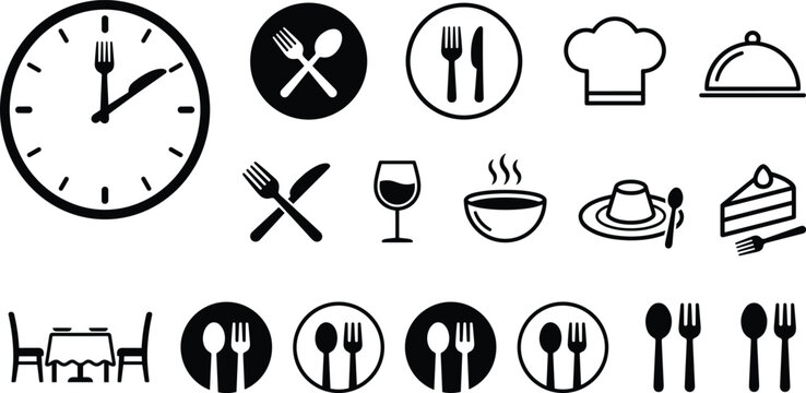 Set of Black and White Icons for Dining, Cooking, and Restaurant Themes