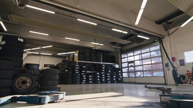 Tire changing station in a car repair shop, empty workshop with a lift and black tyre stacks for vehicle maintenance and repair services.