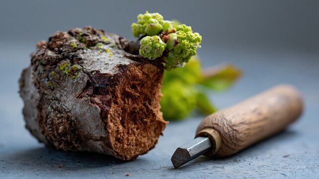 Tree bark texture with healthy buds and clean pruning cut beside inspection tool