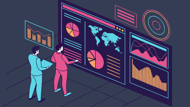 Two people analyze data on a large screen displaying graphs and charts.