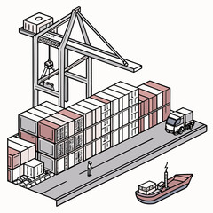 Naklejka premium Isometric illustration of a container harbor with cargo ship crane and stacked shipping containers high quality professional