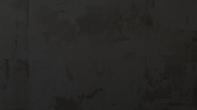 Black horror grunge background featuring old concrete wall texture with cracks, crushed damaged surface, stains and scratches enhanced by dark vignette and eerie lighting mood
