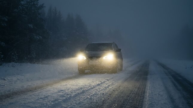 SUV driving through heavy snowstorm on rural road at night, dramatic headlights cutting through blizzard