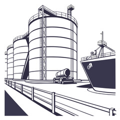 Industrial storage silos and cargo ship at a shipping port detailed line art illustration high quality professional © md munna