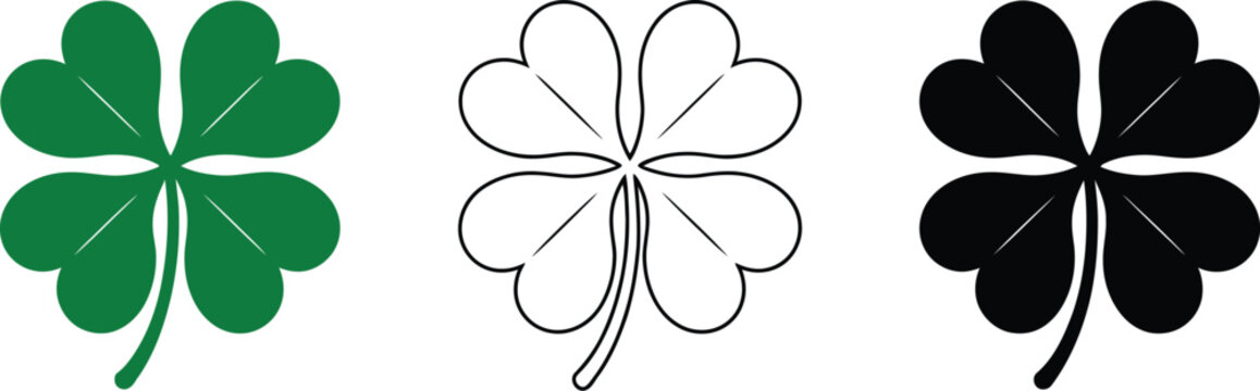Clover leaf symbols vector set, collection of shamrock icons with green outline and black silhouette designs including lucky four leaf clover for festive Irish celebration and nature themes.