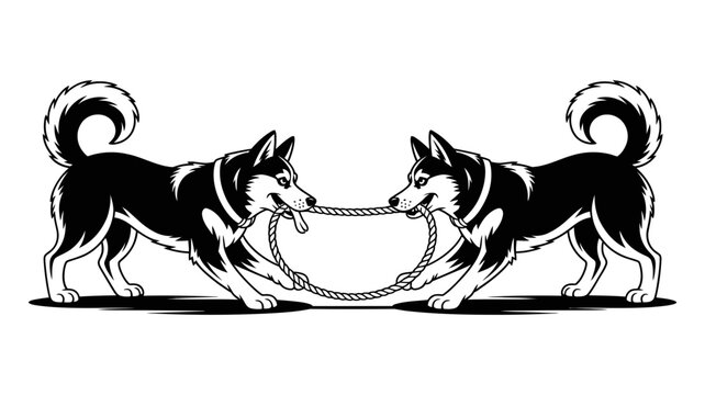 Two husky dogs pulling a rope in a tug-of-war illustration with competition strength illustration domestic