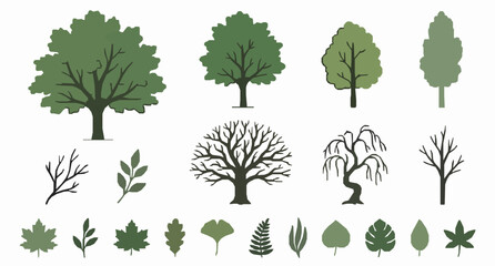 Minimal hand drawn trees and leaves vector collection botanical flat design isolated on white © MstMonalisa