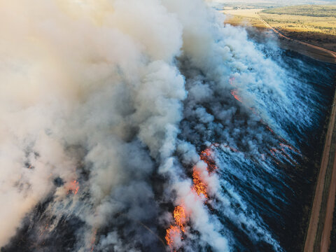 Aerial view of a large wildfire with thick smoke and orange flames spreading across the dry landscape near a dirt road in Waterberg District Municipality, Limpopo, South Africa.