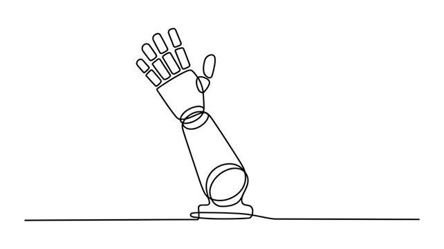 Continuous line drawing of a robotic arm with articulated fingers reaching up from a base, technology