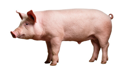Pink domestic pig standing sideways with curly tail © Maria