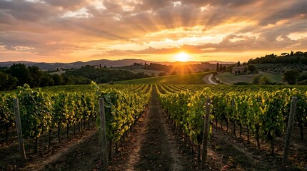 Fototapeta premium Golden Hour Vineyard Sunset with Rows of Green Grapes and Dramatic Sky Glow for Wine Tourism Marketing