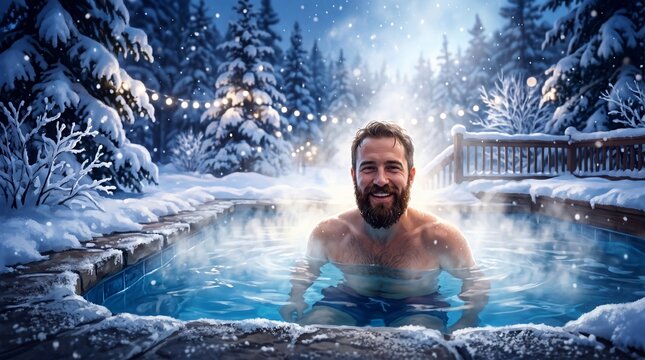 Man relaxing in steaming hot tub on snowy winter night. Bearded guy smiling in jacuzzi surrounded by forest trees fairy lights and falling snow. Winter holiday escape and seasonal wellness concept