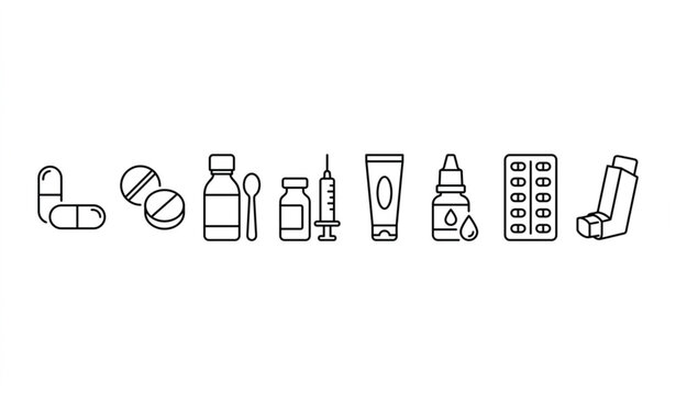 Dosage forms linear icon set with pharmaceutical medicine types in clean medical outline style