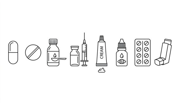 Dosage forms linear icon set with pharmaceutical medicine types in clean medical outline style