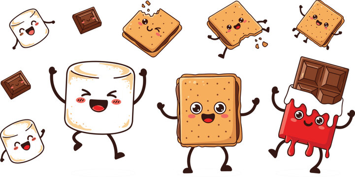 Adorable flat vector illustration set of kawaii s'mores characters featuring happy chocolate marshmallows and graham crackers isolated on a white background.