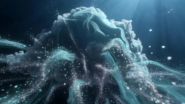 Abstract cloudlike forms and shimmering particles in an abstract style on deep underwater background, concept of mystery