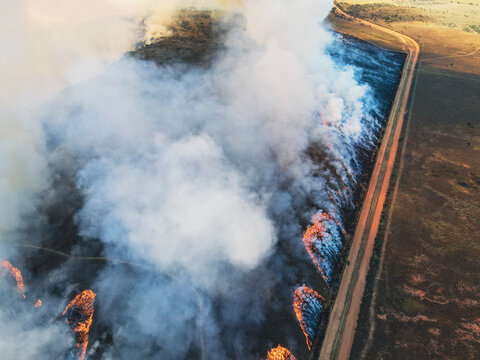 Aerial view of a wildfire burning through dry vegetation with thick smoke and visible flames near a dirt road in Waterberg District Municipality, Limpopo, South Africa.