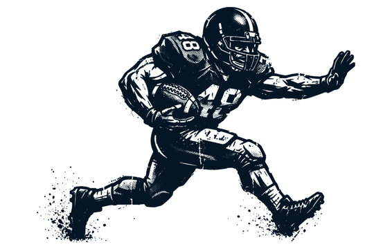 American football player running with ball in dynamic action pose.