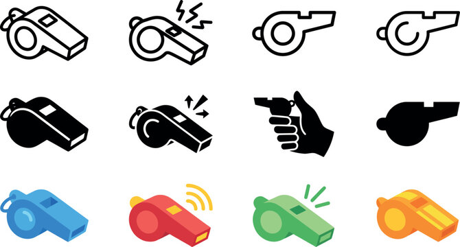 Collection of colorful and black and white whistle icons for sports and referee use
