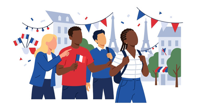 Celebrating Bastille Day A Multicultural Group Enjoys the Parisian Festivities with Flags and Confetti