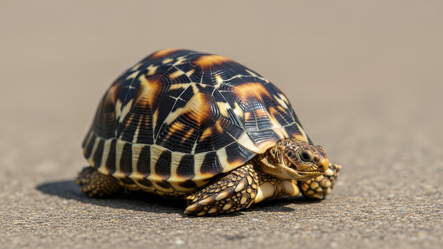 Star tortoise walks slowly across a paved surface, displaying its intricate yellow and black star-patterned shell.