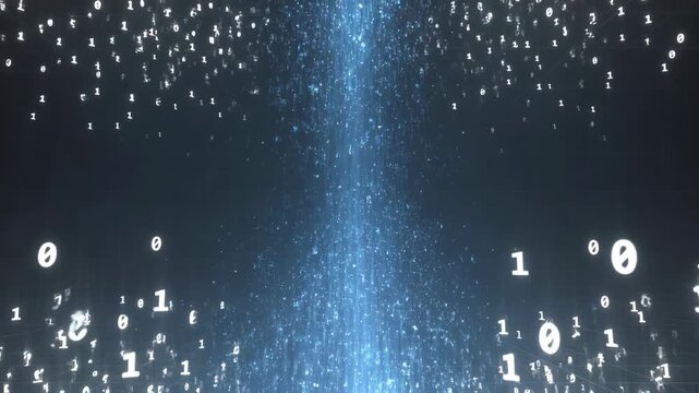 Streaming binary digits in a futuristic style over a dark backdrop, symbolizing digital data flow and information cascade