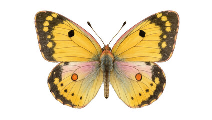 Yellow orange butterfly with black spots and pink wing edges © Maria