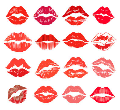 Lipstick kiss print isolated vector set. red vector lips set. Different shapes of female pink and red lips. kiss mouth. Female mouth.