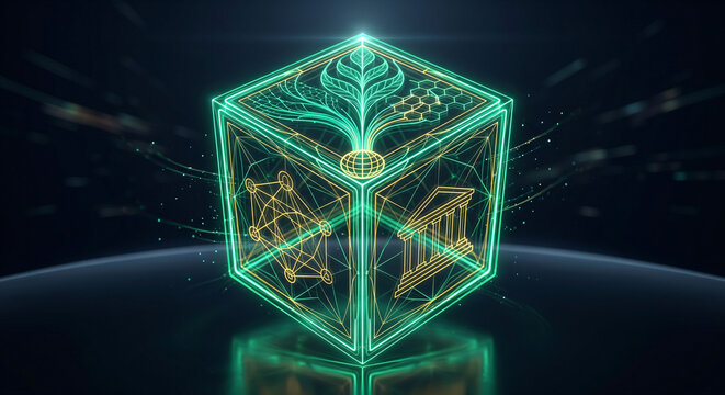 Futuristic glowing neon green wireframe cube with eco sustainability and finance symbols