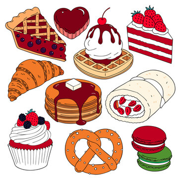Arranging various treats like cake, pie, pancakes, waffle, croissant, macaron, and cupcake on a white background
