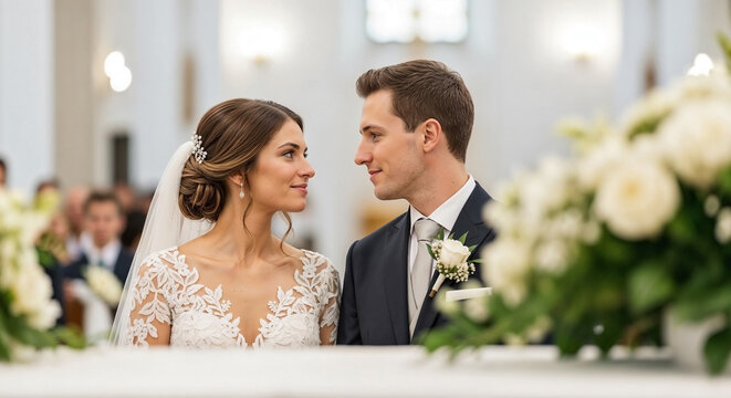 Bride and groom looking at each other during wedding ceremony. Young couple exchanging vows in a church. Love and commitment on their special day