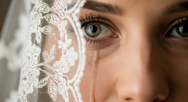 Close-up of a woman's eye with a tear rolling down her cheek. Emotional moment of a bride wearing a lace wedding veil