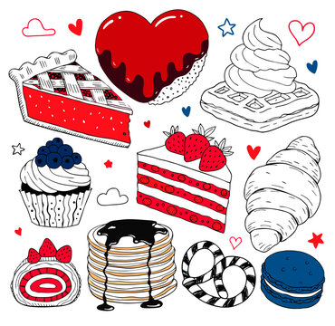 Set of hand drawn sketch of chocolate brownies cake and cupcakes