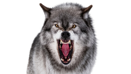 Fierce gray wolf head with open mouth and visible teeth © Maria