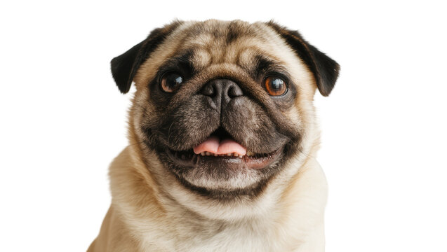 Smiling fawn pug dog head close-up portrait with wrinkled face